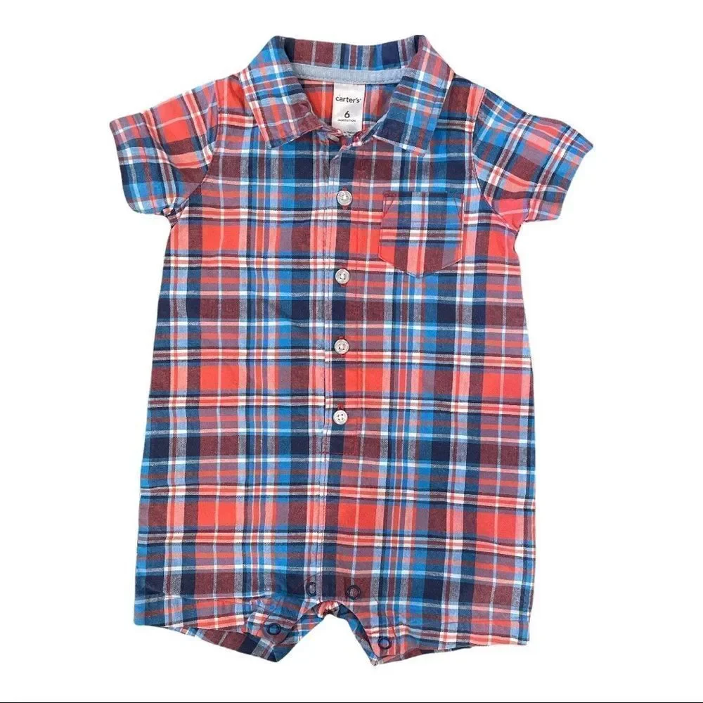 𝅺carter’s Boys 6M Plaid One Piece Orange and Blue Plaid Short-alls